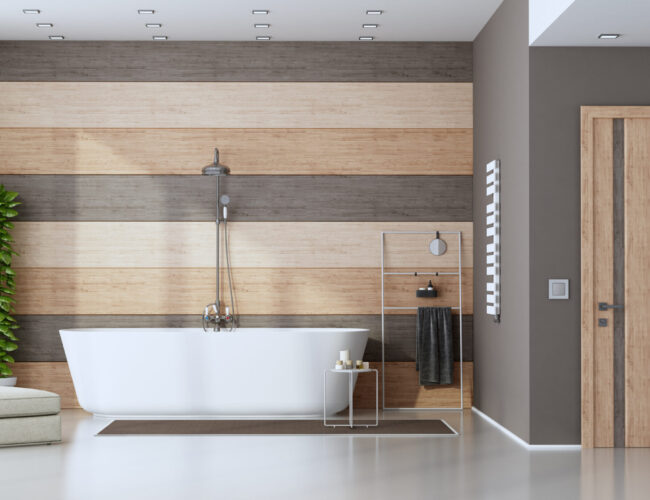 Contemporary bathroom with bathtub against wooden wall - 3d rendering